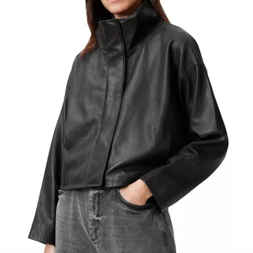 AllSaints Ryder Funnel Neck Cropped Lambskin Leather Jacket - Picture 13 of 13